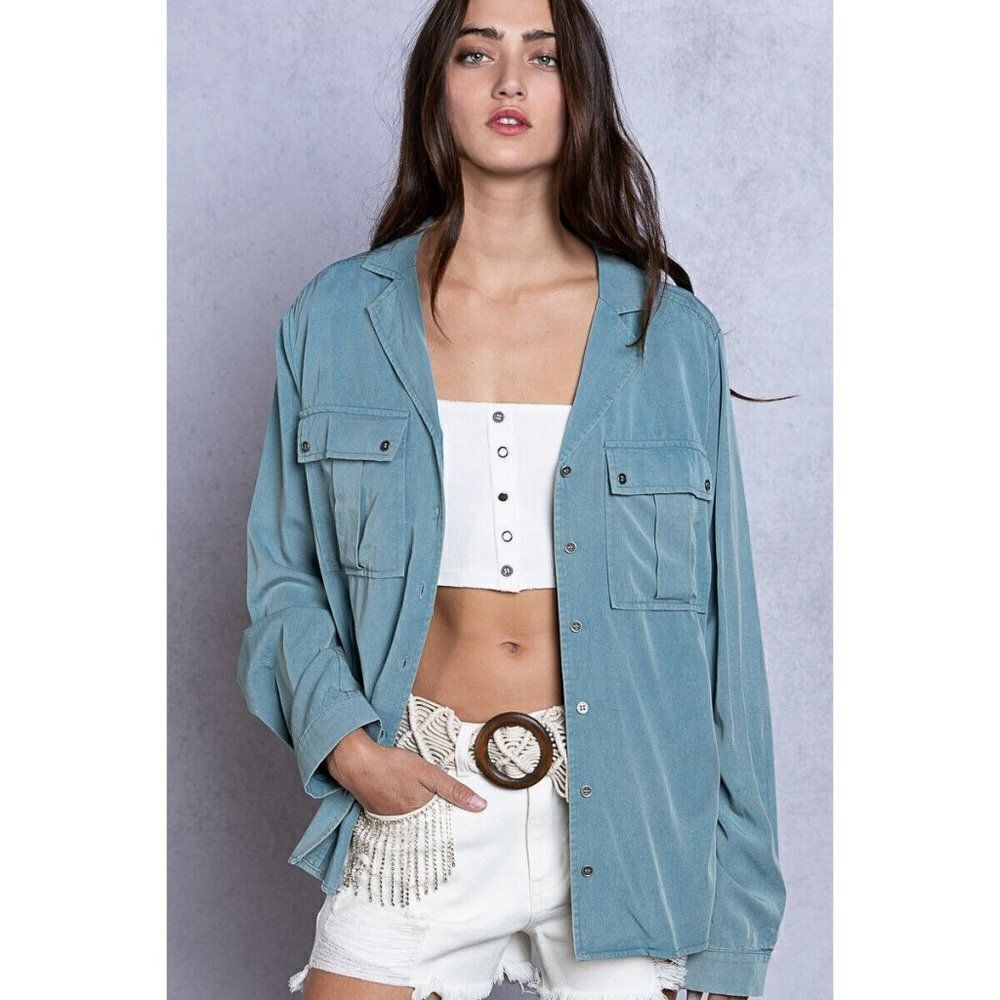 SALE! POL Clothing Button Up Dad Shirt Shacket Top Oversized Aegean Teal SMT2054